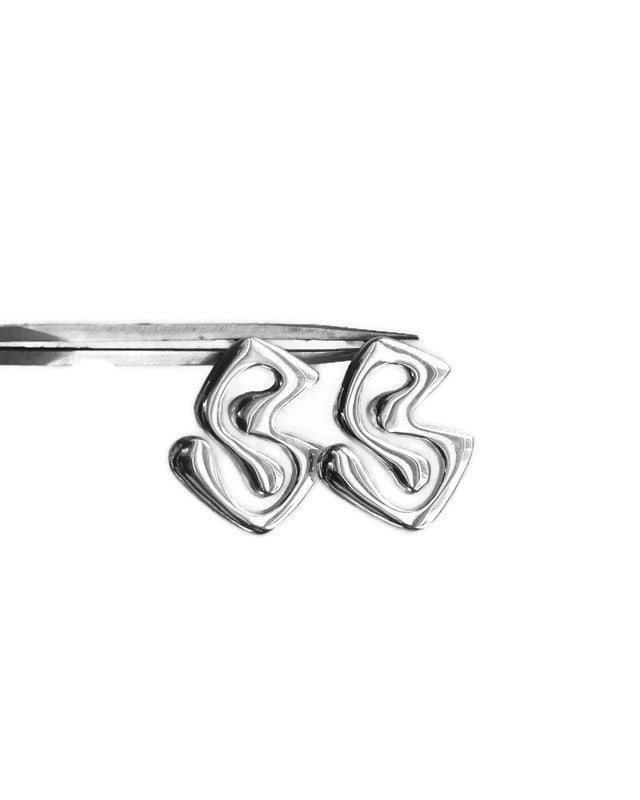Silver earrings with a unique design on a white background